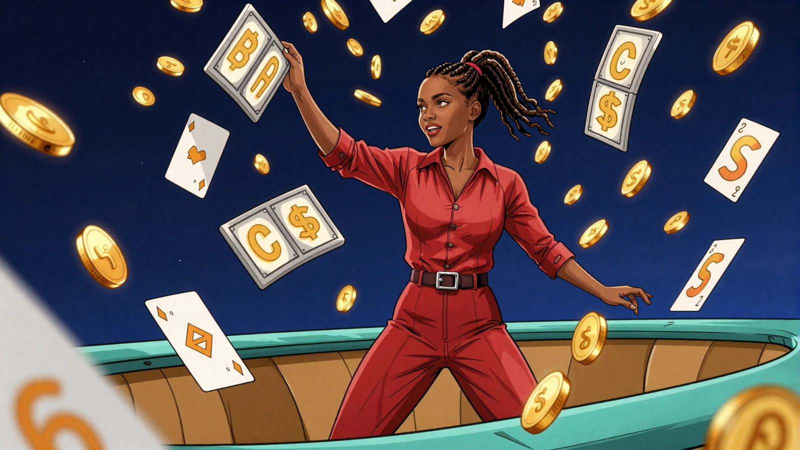 Comic-Casino Model wirft goldene M&uuml;nzen und Slot-Symbole f&uuml;r Online Slots mit Echtgeld bei Betsson in die Luft