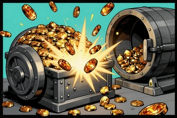 Explodierender Goldm&uuml;nz-Tresor als Symbol f&uuml;r progressive Jackpots bei Betsson